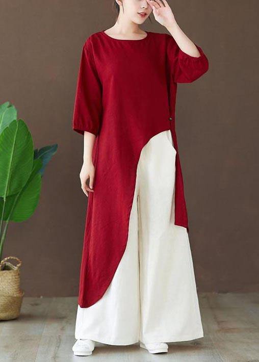 Simple Burgundy Tops Women Blouses O Neck Asymmetric Shirts - SooLinen