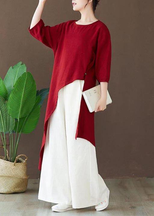 Simple Burgundy Tops Women Blouses O Neck Asymmetric Shirts - SooLinen