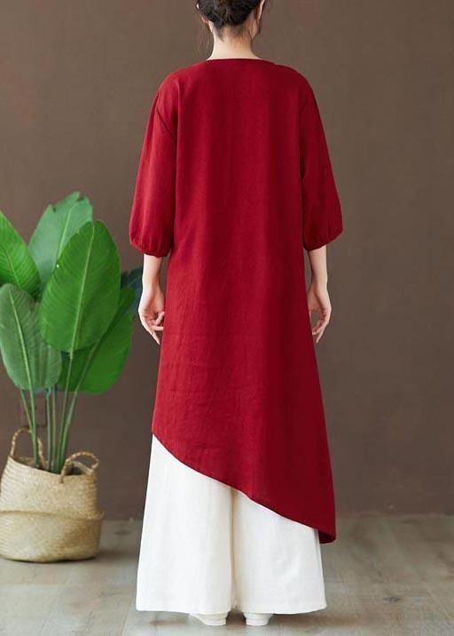 Simple Burgundy Tops Women Blouses O Neck Asymmetric Shirts - SooLinen