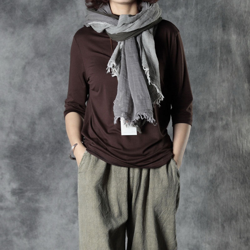 Simple Chocolate Loose Fall Cotton Half Sleeve Tops