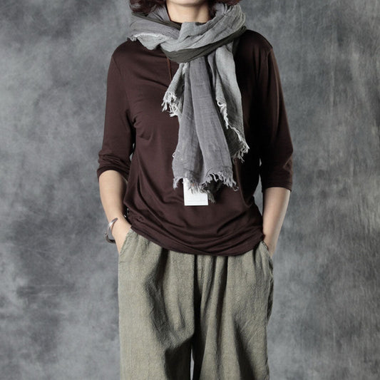 Einfache, lockere, halbärmelige Oberteile aus Baumwolle in Schokoladenbraun