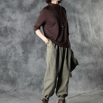 Simple Chocolate Loose Fall Cotton Half Sleeve Tops