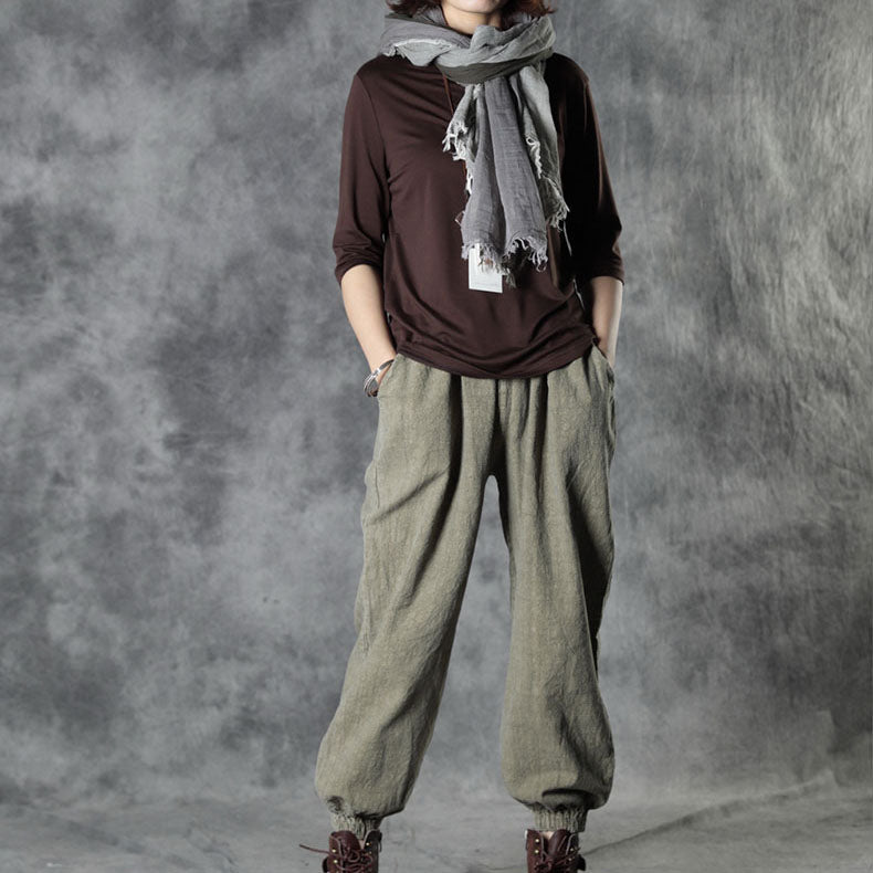 Simple Chocolate Loose Fall Cotton Half Sleeve Tops