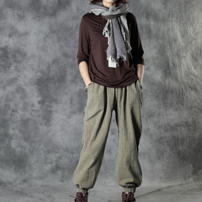 Simple Chocolate Loose Fall Cotton Half Sleeve Tops