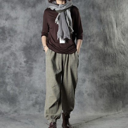 Simple Chocolate Loose Fall Cotton Half Sleeve Tops