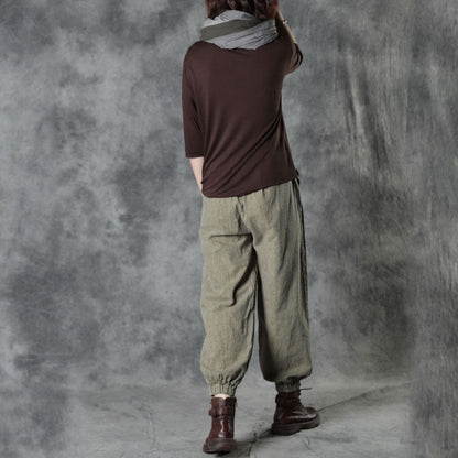 Simple Chocolate Loose Fall Cotton Half Sleeve Tops