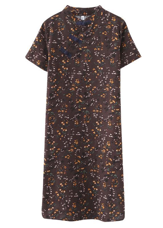 Simple Chocolate Print Oriental Maxi Summer Cotton Dress - SooLinen