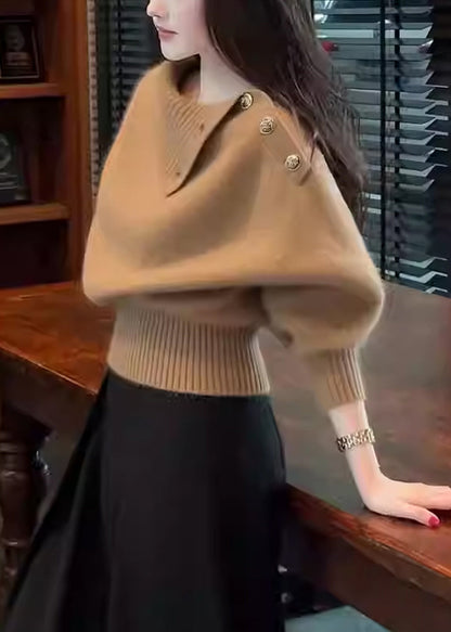 Suéter de punto acogedor con botones de café sencillo para invierno