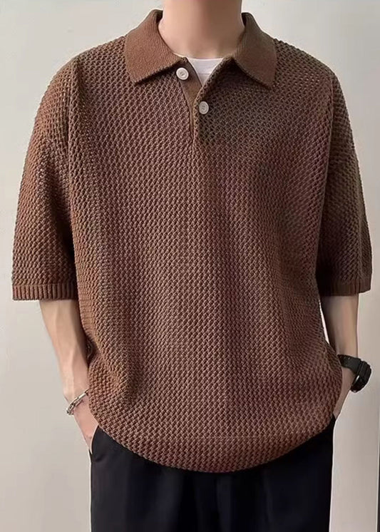Simple Coffee Button Hollow Out Knit Polo Shirts Men Summer