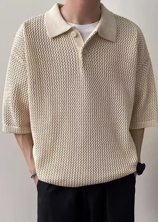 Simple Coffee Button Hollow Out Knit Polo Shirts Men Summer