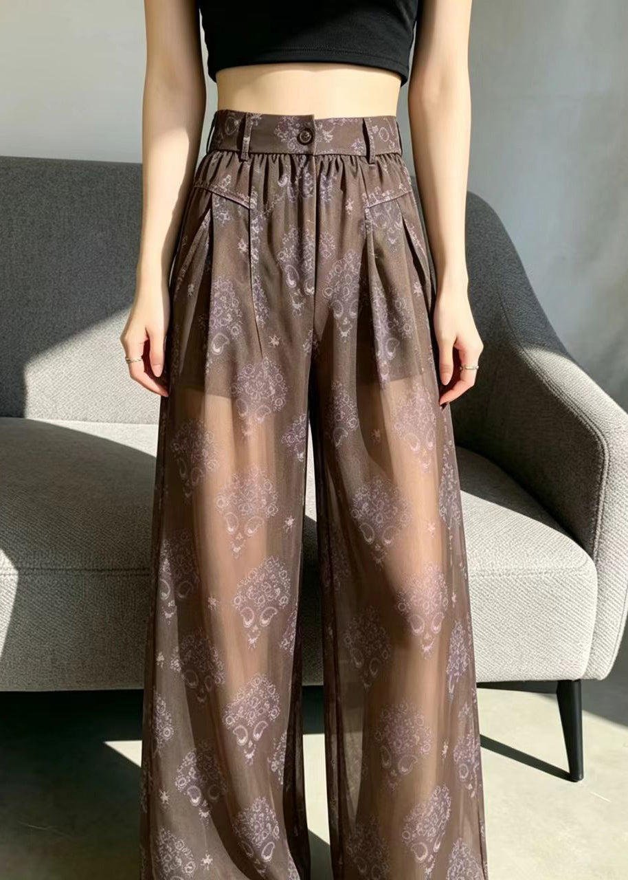 Simple Coffee High Waist Print Sheer Chiffon Pants Summer