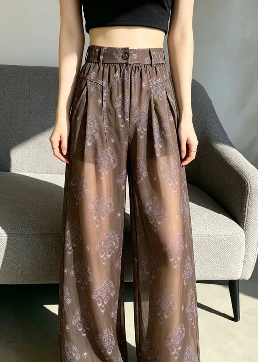 Simple Coffee High Waist Print Sheer Chiffon Pants Summer