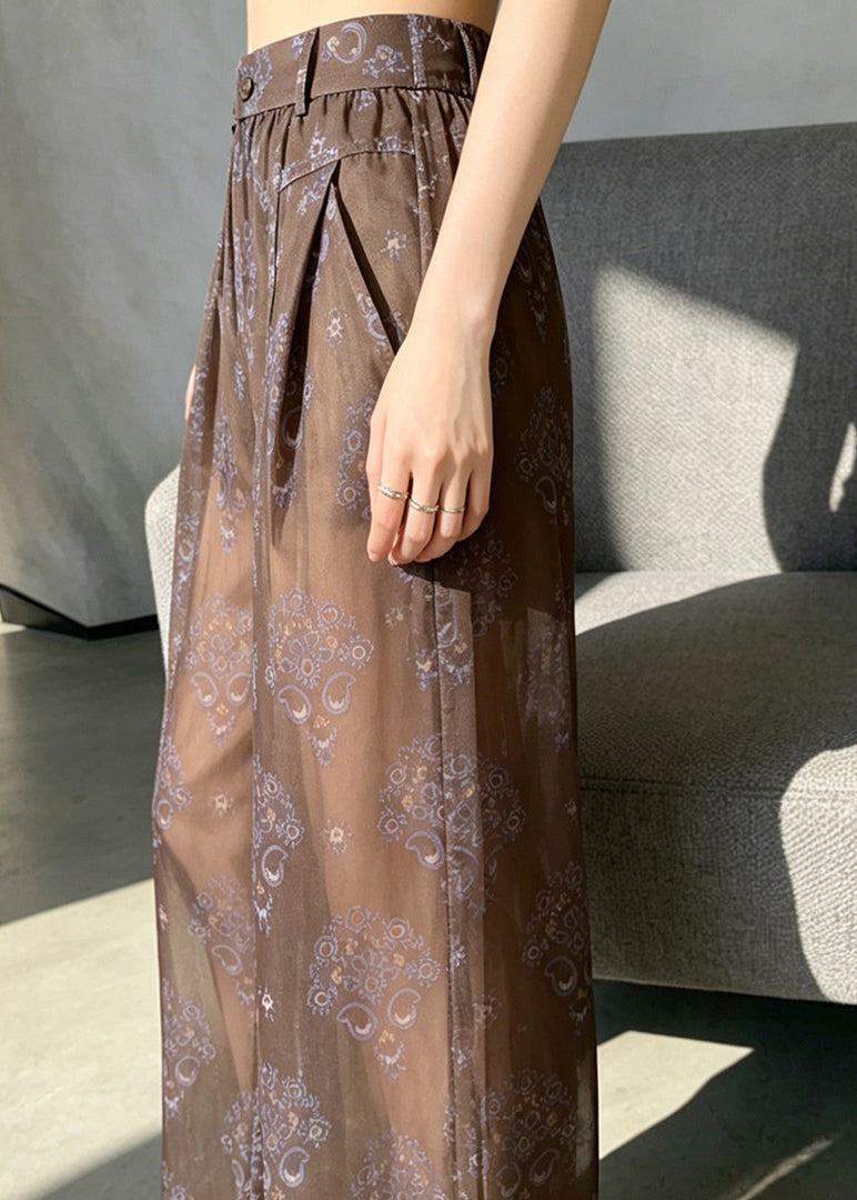 Simple Coffee High Waist Print Sheer Chiffon Pants Summer