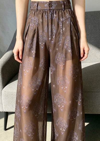 Simple Coffee High Waist Print Sheer Chiffon Pants Summer