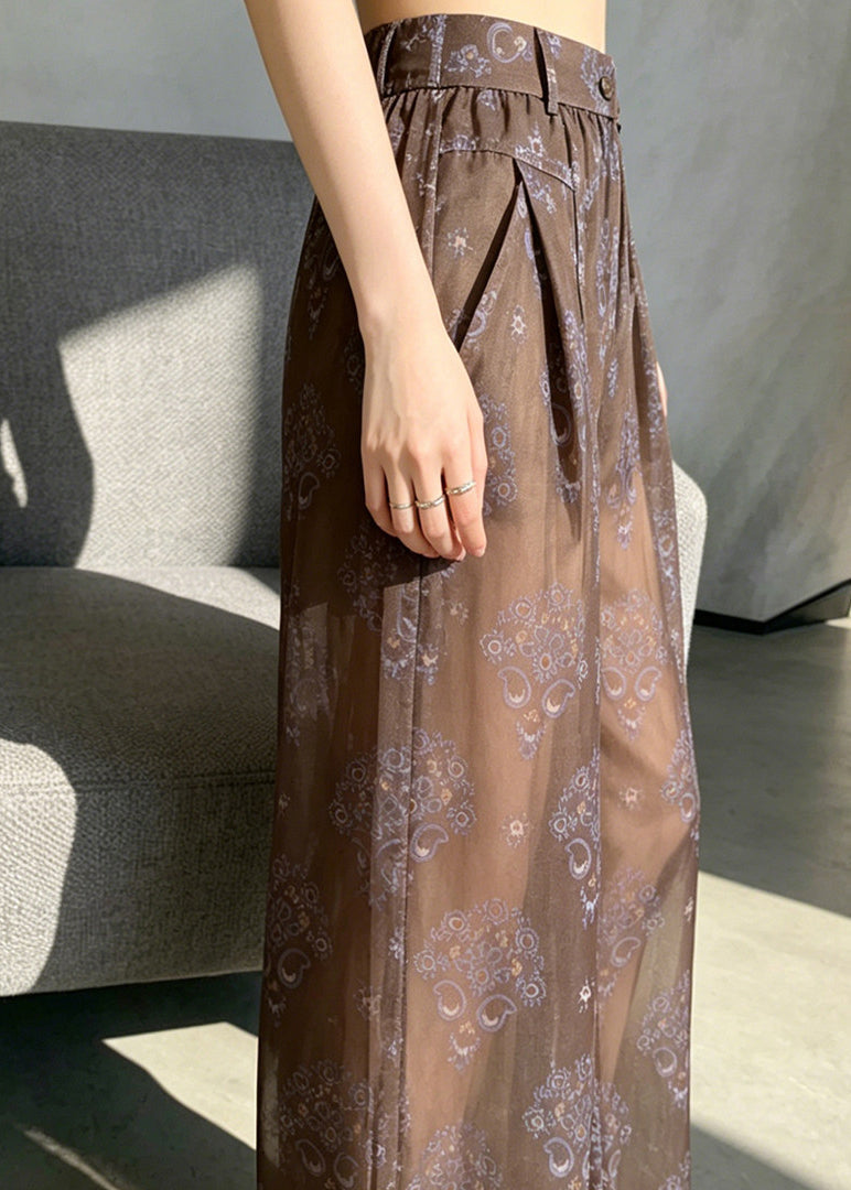 Simple Coffee High Waist Print Sheer Chiffon Pants Summer