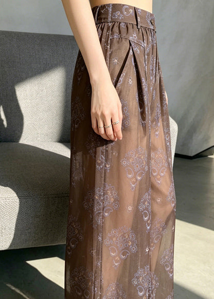 Simple Coffee High Waist Print Sheer Chiffon Pants Summer