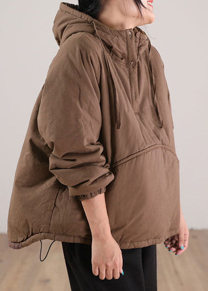 Einfaches Schokoladen-Kapuzen-Patchwork-Sweatshirt mit feiner Baumwollfüllung, Streetwear, Winter