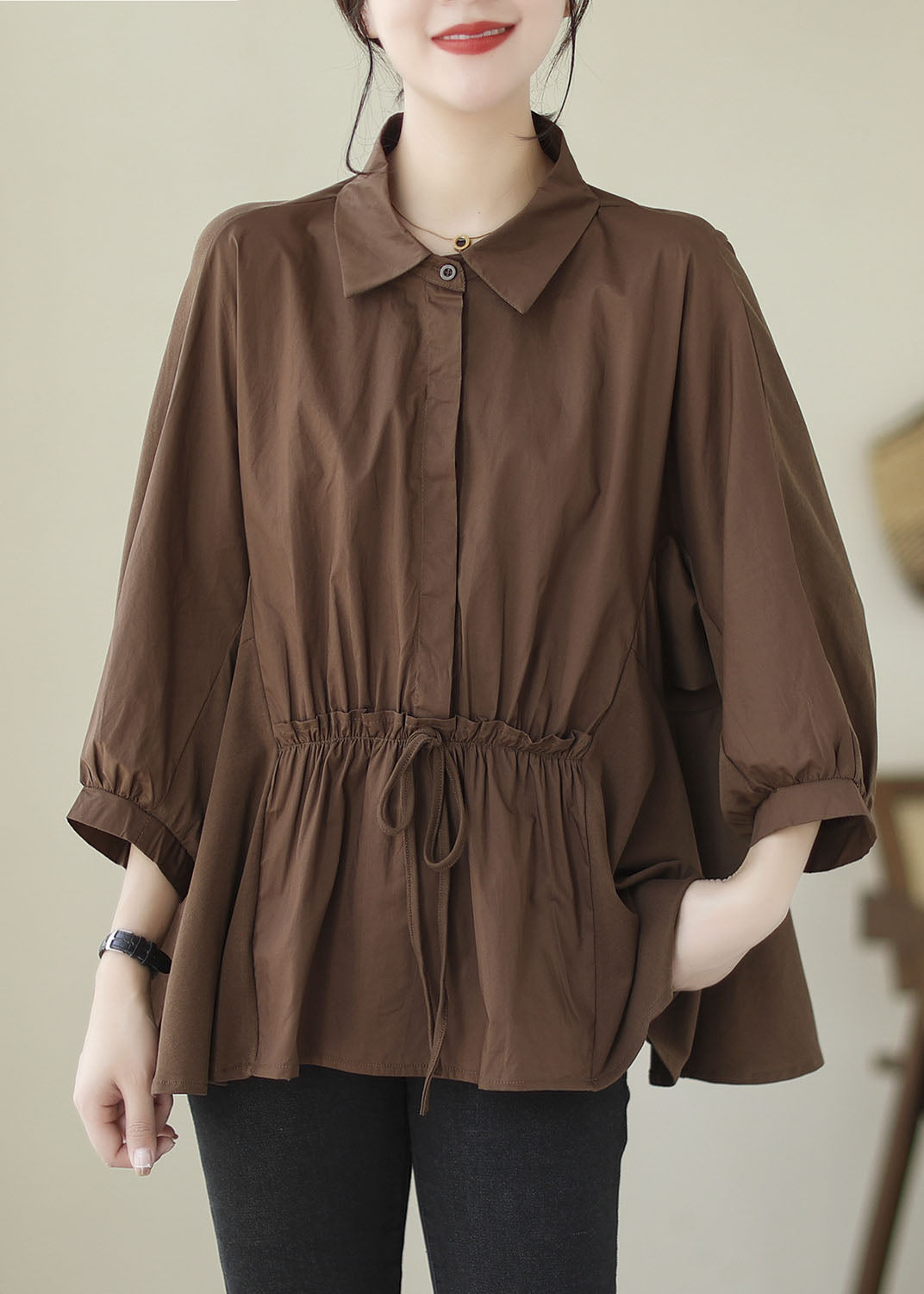 Blusas de algodón con cuello Peter Pan y volantes de patchwork color café para verano