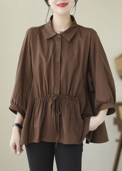 Blusas de algodón con cuello Peter Pan y volantes de patchwork color café para verano