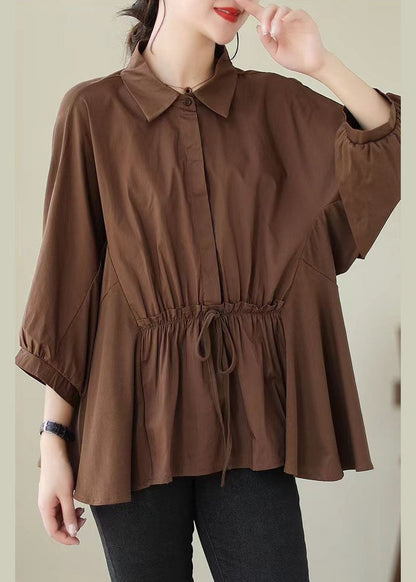 Blusas de algodón con cuello Peter Pan y volantes de patchwork color café para verano