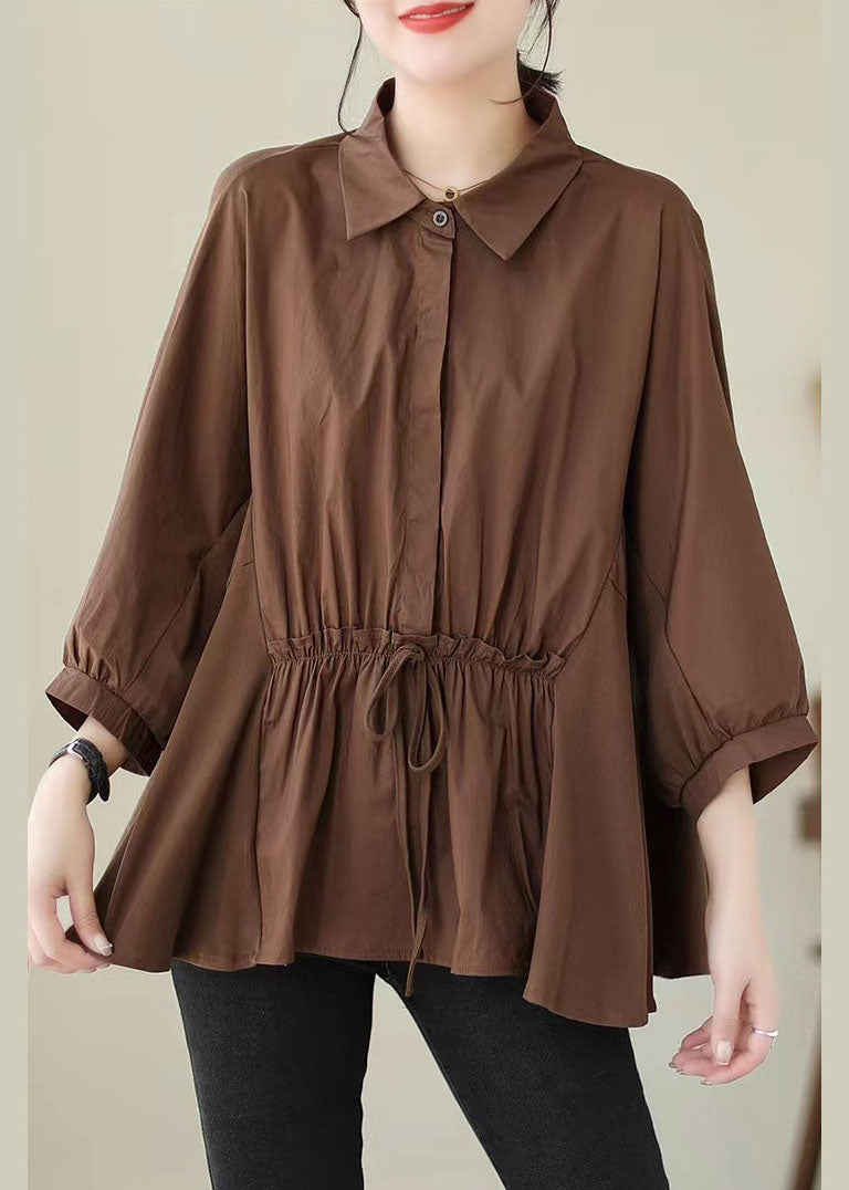 Blusas de algodón con cuello Peter Pan y volantes de patchwork color café para verano