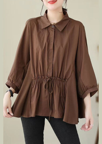 Blusas de algodón con cuello Peter Pan y volantes de patchwork color café para verano