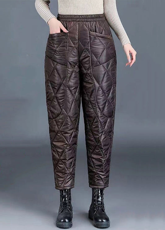 Pantalones harén de algodón fino, de cintura alta y gruesos, con bolsillos de color café.