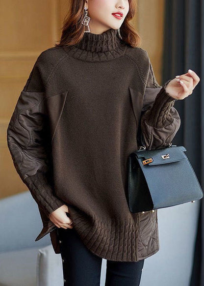 Einfache Schokoladen-Rollkragenpullover mit Patchwork-Muster, lockerer Herbst-Strickpullover