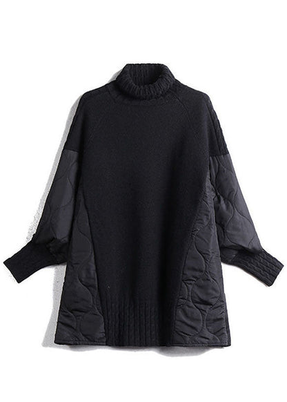 Einfache Schokoladen-Rollkragenpullover mit Patchwork-Muster, lockerer Herbst-Strickpullover