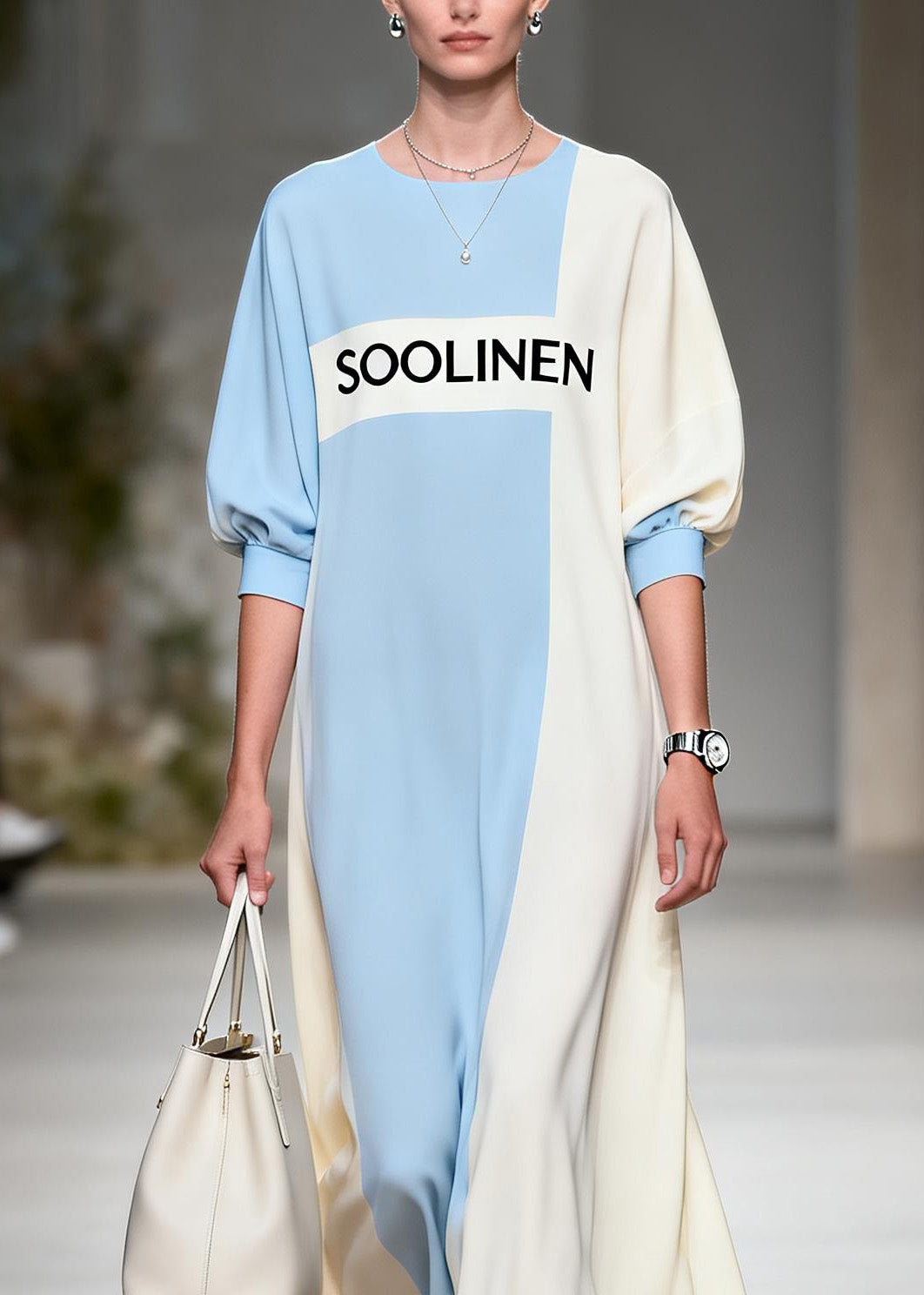 Simple Colorblock O Neck Graphic Print Chiffon Maxi Dress Summer