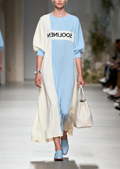 Simple Colorblock O Neck Graphic Print Chiffon Maxi Dress Summer