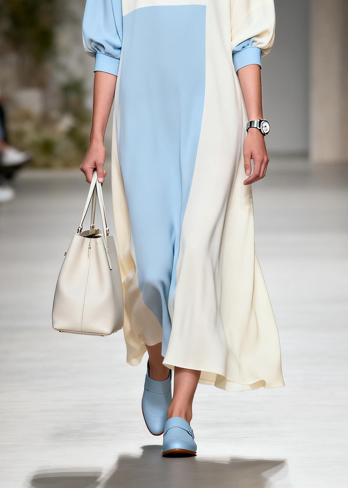 Simple Colorblock O Neck Graphic Print Chiffon Maxi Dress Summer