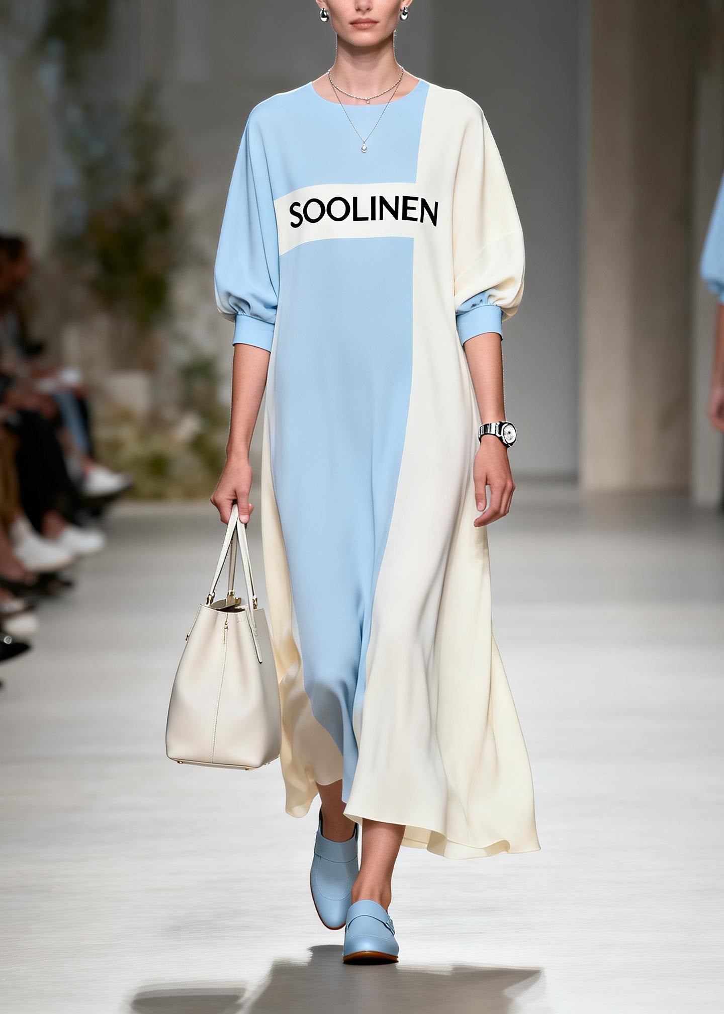 Simple Colorblock O Neck Graphic Print Chiffon Maxi Dress Summer