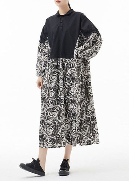 Einfache Colorblock Peter Pan Kragen Druck Patchwork Chiffon Hemdkleid Frühling