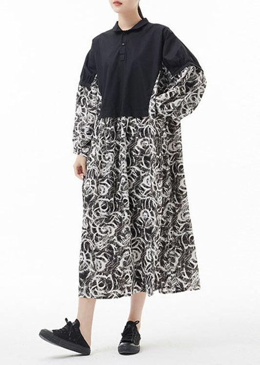 Einfache Colorblock Peter Pan Kragen Druck Patchwork Chiffon Hemdkleid Frühling