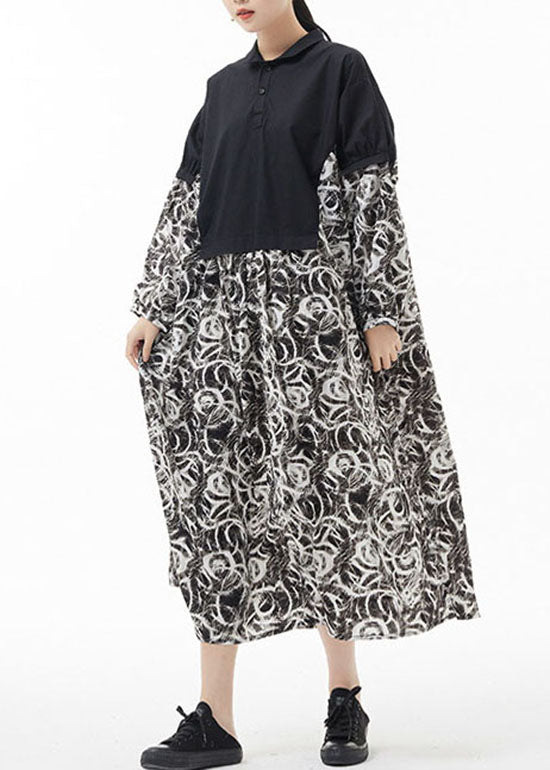 Einfache Colorblock Peter Pan Kragen Druck Patchwork Chiffon Hemdkleid Frühling