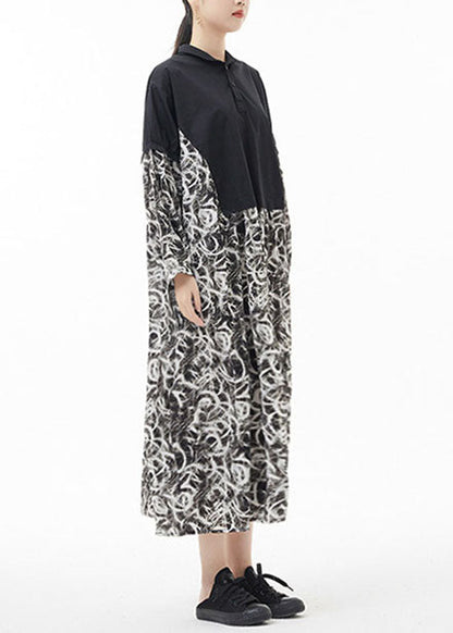 Einfache Colorblock Peter Pan Kragen Druck Patchwork Chiffon Hemdkleid Frühling