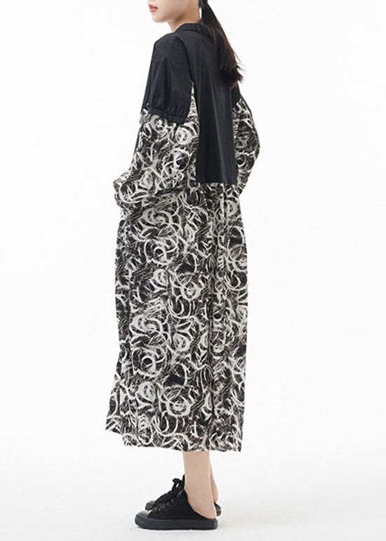 Einfache Colorblock Peter Pan Kragen Druck Patchwork Chiffon Hemdkleid Frühling