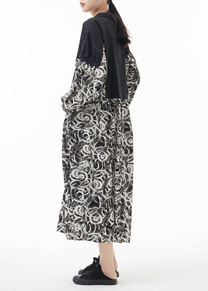 Einfache Colorblock Peter Pan Kragen Druck Patchwork Chiffon Hemdkleid Frühling