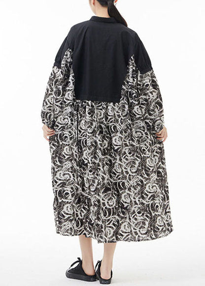 Einfache Colorblock Peter Pan Kragen Druck Patchwork Chiffon Hemdkleid Frühling