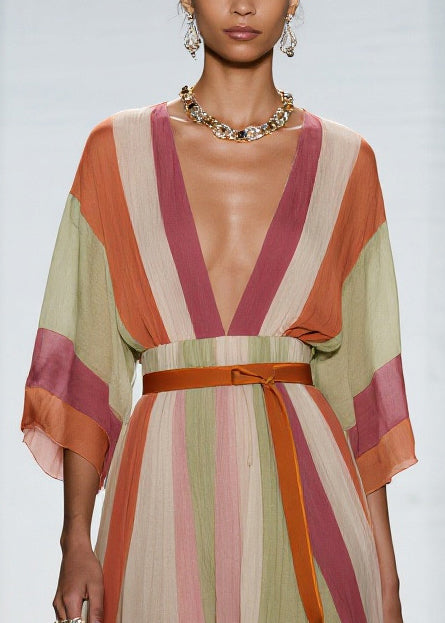 Simple Colorblock V Neck Patchwork Cotton Dress Bracelet Sleeve