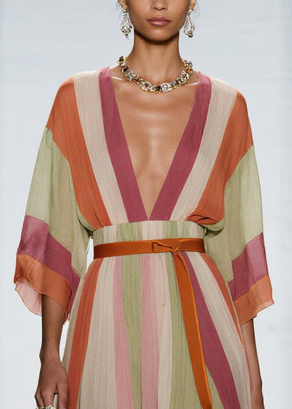 Simple Colorblock V Neck Patchwork Cotton Dress Bracelet Sleeve