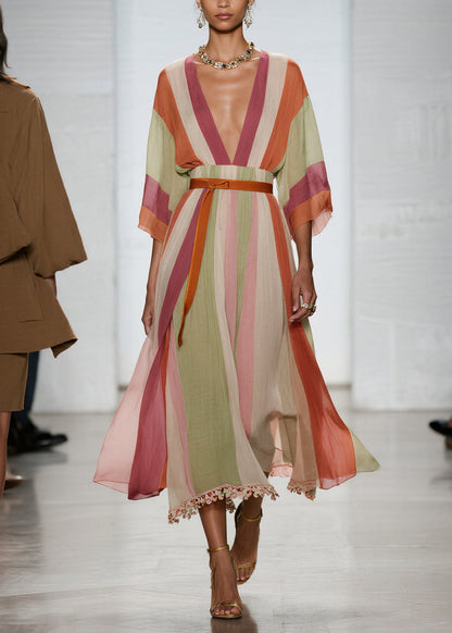 Simple Colorblock V Neck Patchwork Cotton Dress Bracelet Sleeve