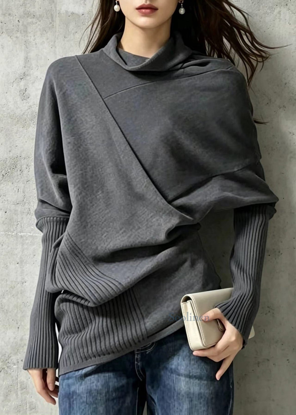 Simple Dark Gray Asymmetrical Turtleneck Knit Pullover Fall