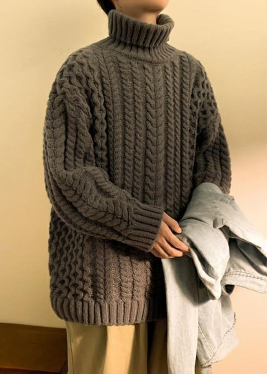 Simple Dark Gray Turtleneck Thick Cable Cotton Knit Men Sweater Winter