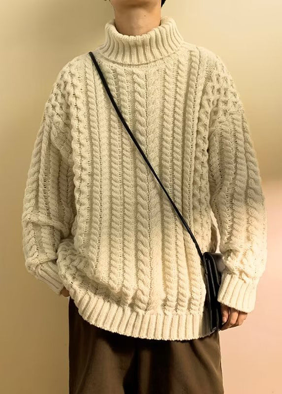 Simple Dark Gray Turtleneck Thick Cable Cotton Knit Men Sweater Winter