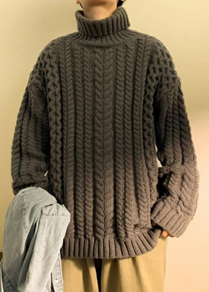 Simple Dark Gray Turtleneck Thick Cable Cotton Knit Men Sweater Winter