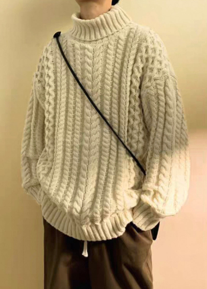 Simple Dark Gray Turtleneck Thick Cable Cotton Knit Men Sweater Winter
