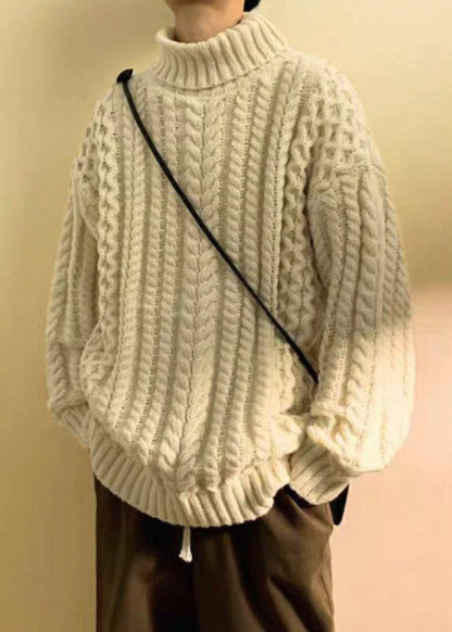 Simple Dark Gray Turtleneck Thick Cable Cotton Knit Men Sweater Winter