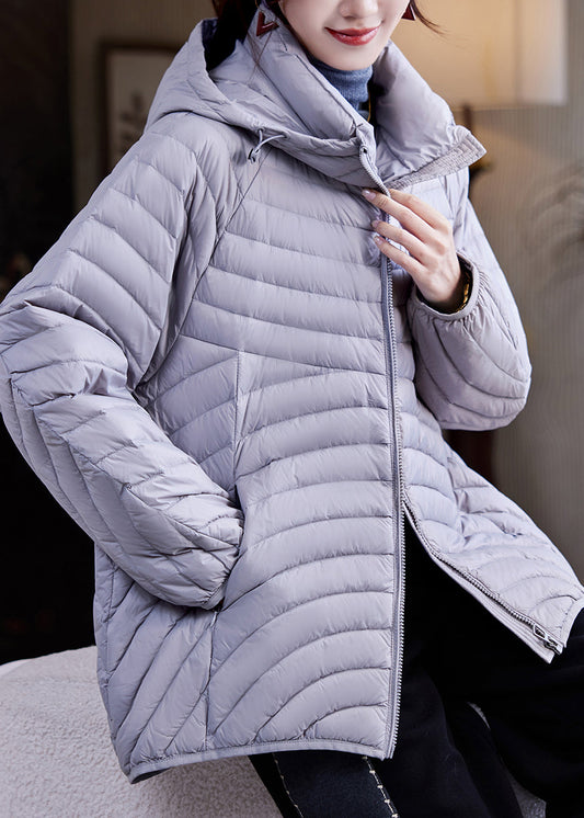 Simple Dark Purple Zippered Pockets Patchwork Hooded Parka Winter